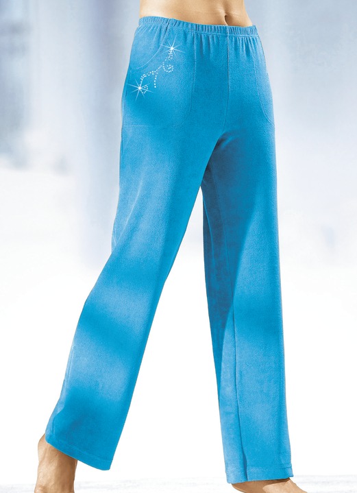 Homewear & Freizeitmode - Hose mit hübscher Schmucksteinzier  , in Größe 018 bis 056, in Farbe TÜRKIS Ansicht 1