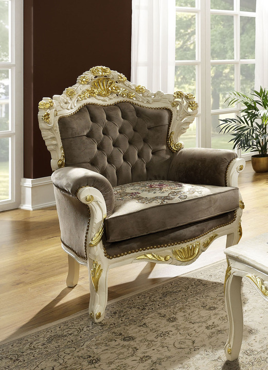 - Schmuckvoller Sessel mit weiß-goldfarbener Lackierung, in Farbe WEISS-GOLD, in Ausführung Sessel