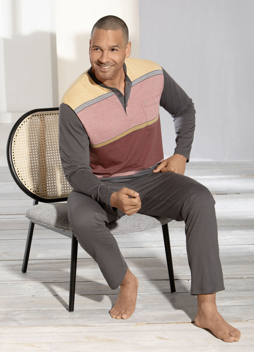 Herrenwäsche - Hajo Klima light Schlafanzug mit Knopfleiste und garngefärbtem Ringeldessin, in Größe 046 bis 062, in Farbe GRAFIT-BUNT Ansicht 1