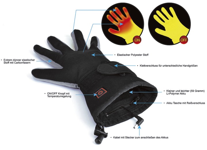 Thermokleidung - Thermohandschuhe für gleichmäßig warme Hände, in Größe 1 (S-M Handschuhgröße 3,5-8) bis 2 (L-XXL Handschuhgröße 8,5-11), in Farbe SCHWARZ-GRAU Ansicht 1