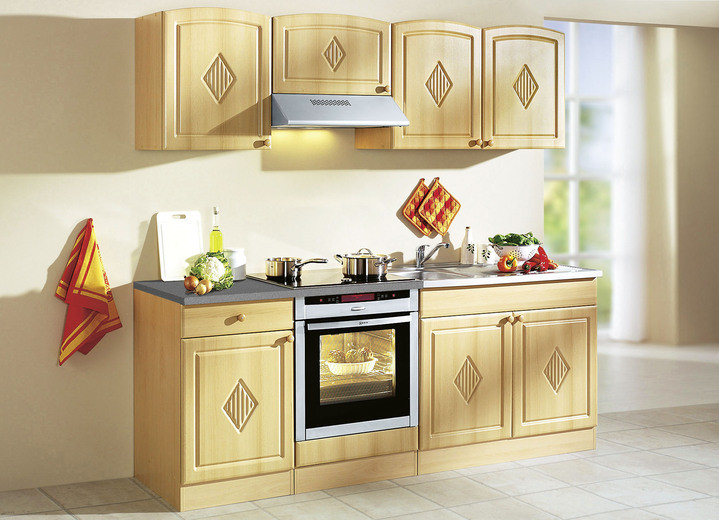 Küchenmöbel - Küchenprogramm mit profilierter Front, in Farbe BUCHE, in Ausführung Kühlschrank-Umbau Ansicht 1
