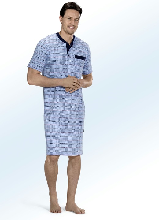 Herrenwäsche - Nachthemd aus BIO-Baumwolle mit Knopfleiste und Brusttasche, in Größe 048 bis 066, in Farbe HELLBLAU-MARINE