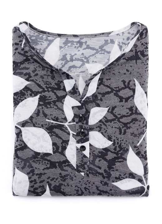 Langarm - Allover gemustertes Shirt mit V-Ausschnitt in 3 Farben, in Größe 034 bis 052, in Farbe GRAU-WEISS Ansicht 1