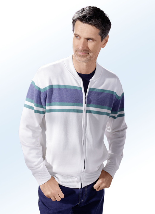 Pullover & Strickmode - Jacke mit durchgehendem Reißverschluss in 2 Farben, in Größe 046 bis 062, in Farbe ECRU-JEANSBLAU