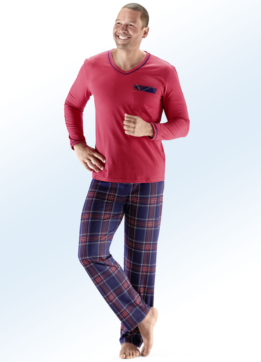 Herrenwäsche - Schlafanzug mit V-Ausschnitt und aufgesetzter Brusttasche, in Größe 046 bis 060, in Farbe ROT-MARINE-BUNT
