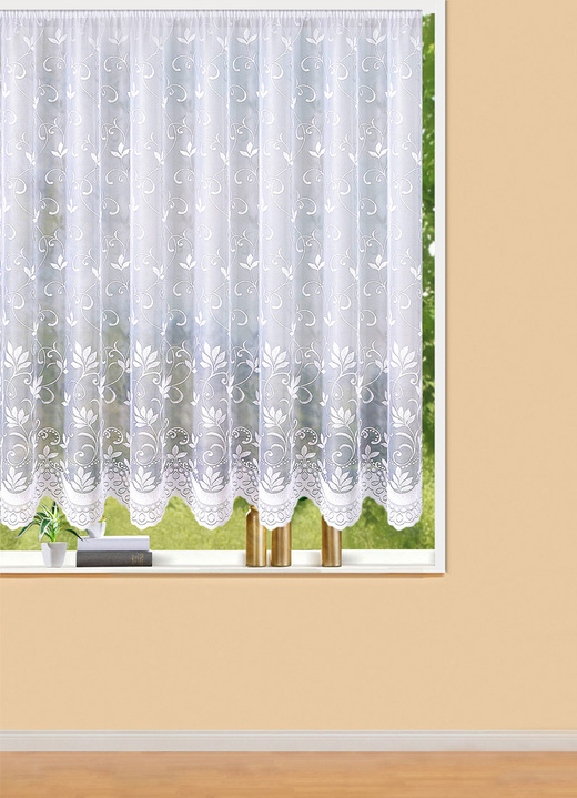 Klassisch - Filigraner Blumenfenster-Store mit gebogten Abschlüssen, in Größe 140 (H125xB300 cm) bis 181 (H175xB600 cm), in Farbe WEISS Ansicht 1