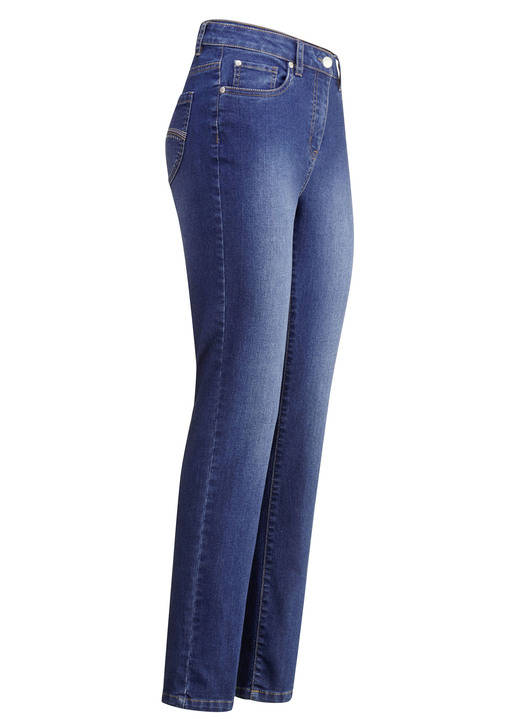Damenmode - Jeans mit schönen Stickereien und funkelnden Strassteinen, in Größe 017 bis 052, in Farbe JEANSBLAU Ansicht 1