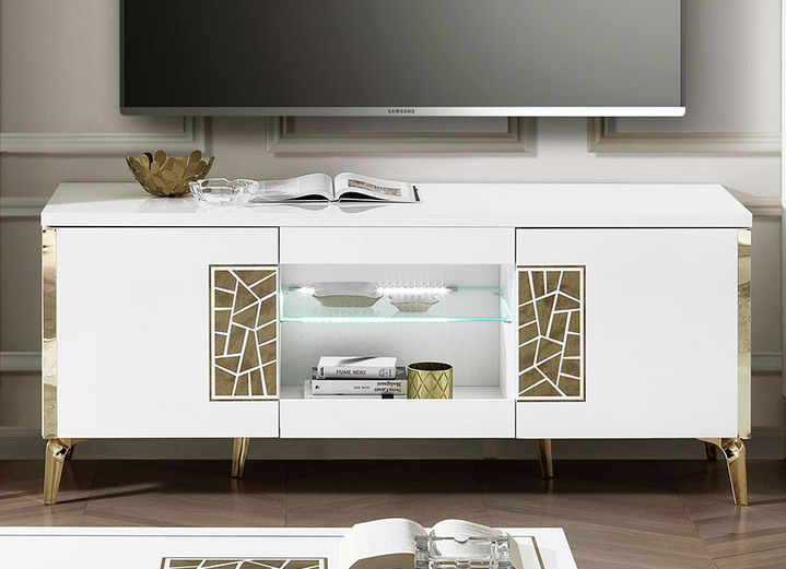 Vitrinen - Möbelprogramm mit LED-Beleuchtung, in Farbe WEISS-GOLD, in Ausführung TV-Longboard Ansicht 1