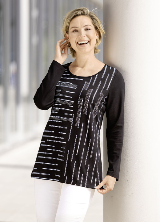 Damenmode - Hübsches Shirt mit Kontrast-Druck, in Größe 038 bis 054, in Farbe SCHWARZ
