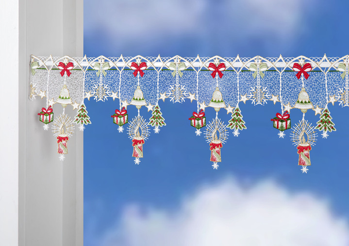 Fensterbilder - Weihnachtliche Stangendekoration aus echter Plauener Spitze, in Größe 628 (H20xB 48 cm) bis 668 (H20xB112 cm), in Farbe BUNT