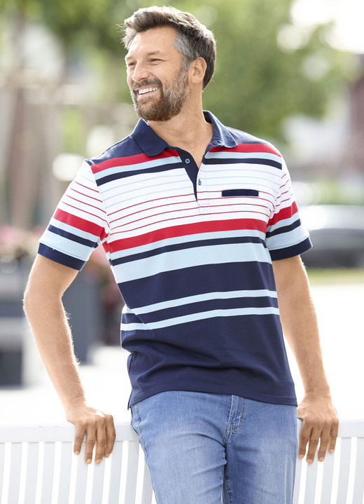 Shirts - Poloshirt mit Brusttasche, in Größe 046 bis 062, in Farbe MARINE-WEISS-ROT