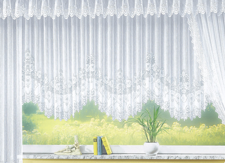 Klassisch - Blumenfenster-Store, gleichmäßig gebogt, mit Faltenband Ansicht 2 Klassisch - Blumenfenster-Store, gleichmäßig gebogt, mit Faltenband, in Größe 052 (H120xB300 cm) bis 115 (H145xB900 cm), in Farbe WEISS Ansicht 2