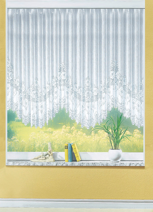 Klassisch - Blumenfenster-Store, gleichmäßig gebogt, mit Faltenband, in Größe 052 (H120xB300 cm) bis 115 (H145xB900 cm), in Farbe WEISS Ansicht 1