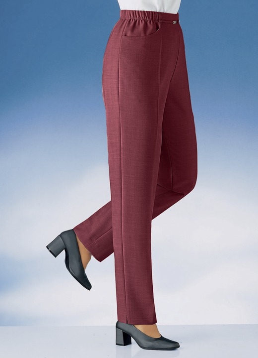 Hosen mit Knopf- und Reißverschluss - Hose in Schlupfform in 11 Farben, in Größe 019 bis 235, in Farbe WEINROT MELIERT Ansicht 1