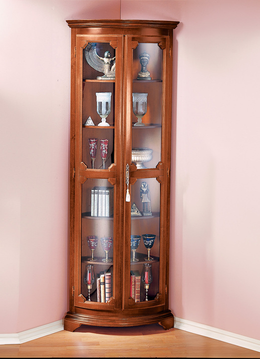 Vitrinen - Teilmassive Eckvitrine mit gebogenen Glastüren mit Schloss, in Farbe NUSSBAUM, in Ausführung klein, 1-türig Ansicht 1