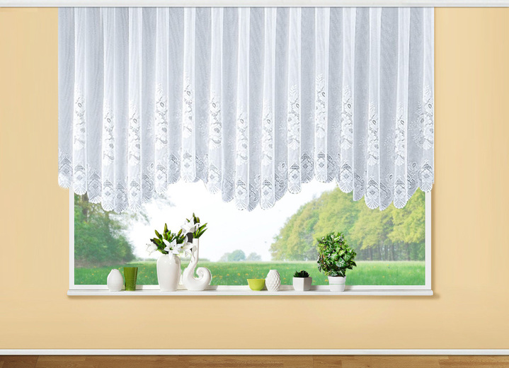 Klassisch - Blumenfenster-Store, mit Floral-Dessin, in Größe 065 (H125xB300 cm) bis 115 (H145xB900 cm), in Farbe WEISS Ansicht 1