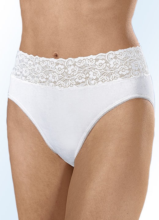 Damenmode - Viererpack Slips mit Elastikspitzenbund, in Größe 036 bis 050, in Farbe WEISS