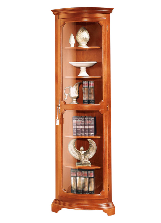 Vitrinen - Teilmassive Eckvitrine mit gebogenen Glastüren mit Schloss, in Farbe KIRSCHBAUM, in Ausführung groß, 1-türig Ansicht 1
