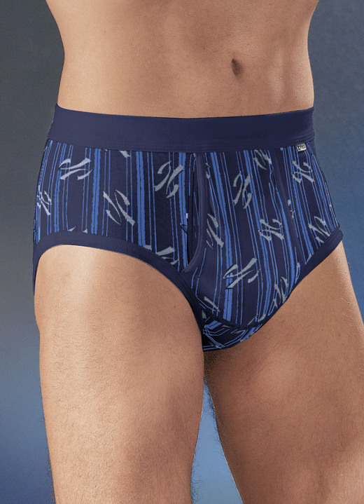 Slips & Unterhosen - Viererpack Slips aus Feinripp mit Eingriff, bunt dessiniert, in Größe 005 bis 011, in Farbe 2X WEISS-MARINE-STEINGRAU, 2X MARINE-AZURBLAU-GRAU Ansicht 2