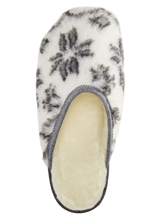 Hausschuhe - Pantoffel aus bedrucktem Plüschmaterial, in Größe 036 bis 043, in Farbe ECRU-GRAU Ansicht 2