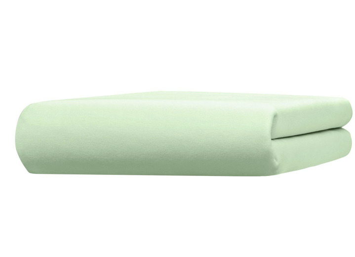 Spannbetttücher - Edel-Jersey-Spannbetttuch mit Elasthan, in Größe 133 (1x 90–120/190–220 cm, Matratzenhöhe 18–35 cm) bis 938 (1x 180–200/200–220 cm, für Topperhöhe 4–10 cm), in Farbe LINDGRÜN, in Ausführung Edel-Jersey-Stretch Deluxe Ansicht 1