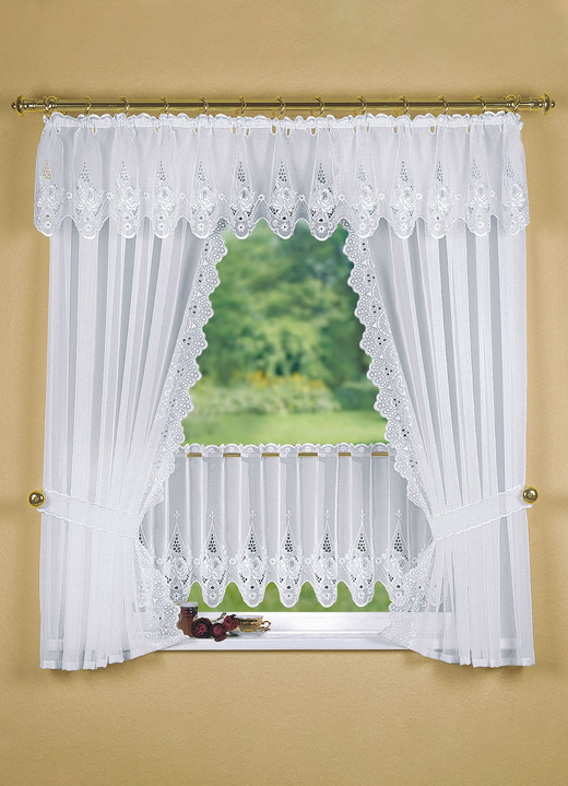 Plauener Stickerei - Fensterdekoration mit aufwendiger Plauener Stickerei Ansicht 5 Plauener Stickerei - Fensterdekoration mit aufwendiger Plauener Stickerei, in Größe 320 (Seitenschal-Garnitur, H100xB70 cm) bis 783 (Kurzstore, H44xB300 cm), in Farbe CREME Ansicht 5