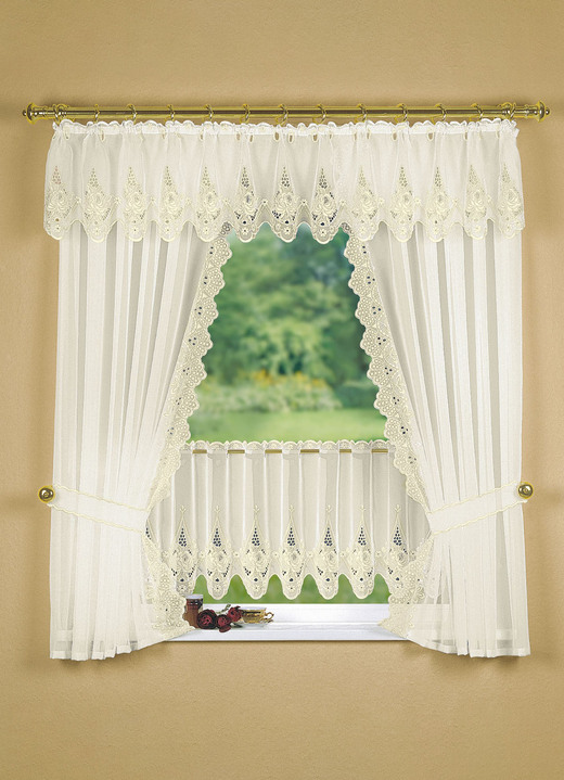 Plauener Stickerei - Fensterdekoration mit aufwendiger Plauener Stickerei Ansicht 3 Plauener Stickerei - Fensterdekoration mit aufwendiger Plauener Stickerei, in Größe 320 (Seitenschal-Garnitur, H100xB70 cm) bis 783 (Kurzstore, H44xB300 cm), in Farbe WEISS Ansicht 3