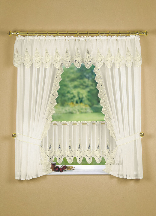 Plauener Stickerei - Fensterdekoration mit aufwendiger Plauener Stickerei, in Größe 320 (Seitenschal-Garnitur, H100xB70 cm) bis 783 (Kurzstore, H44xB300 cm), in Farbe CREME Ansicht 1