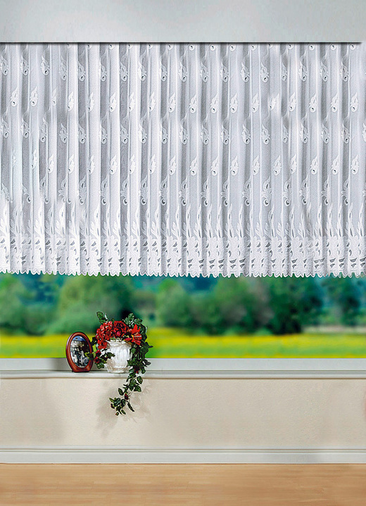 Klassisch - Hinreißender Blumenfenster-Store mit Universalschienenband, in Größe 140 (H125xB300 cm) bis 184 (H175xB750 cm), in Farbe WEIß Ansicht 1