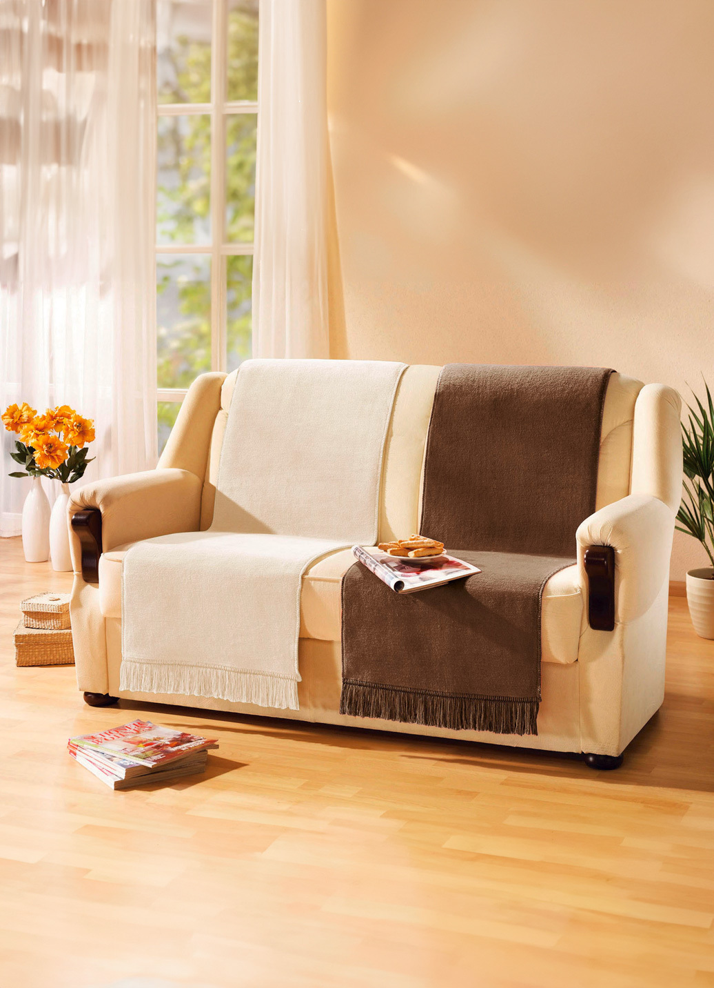 Sessel- & Sofaüberwürfe - Wohndecke und Sesselschoner mit Fransenabschluss, in Größe 102 (Sesselschoner, 50x200 cm) bis 325 (Sparset, 3-teilig), in Farbe CAMEL Ansicht 3