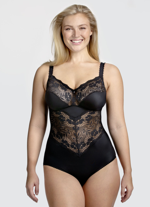 Korseletts - Miss Mary Hosenkorselett mit Elastikspitzeneinsätzen, in Größe 075 bis 105, in Cup C, in Farbe SCHWARZ Ansicht 1