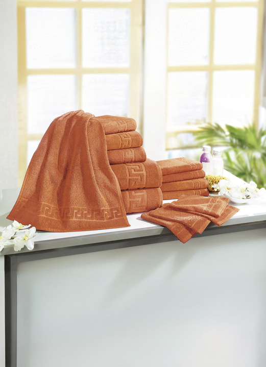 Handtücher - Frottierserie mit Mäander-Jacquard-Struktur Ansicht 1 Handtücher - Frottierserie mit Mäander-Jacquard-Struktur, in Größe 200 (1 Handtuch, 50/ 90 cm) bis 208 (Sparset, 14-teilig), in Farbe TERRA Ansicht 1