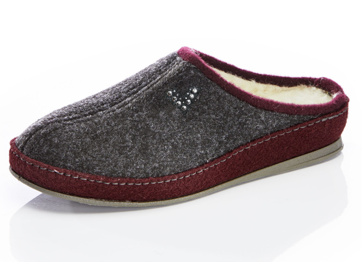 Damenmode - Atmungsaktive Damen-Hausschuhe, mit Schurwolle, in Größe 036 bis 043, in Farbe ANTHRAZIT-BORDEAUX Ansicht 1