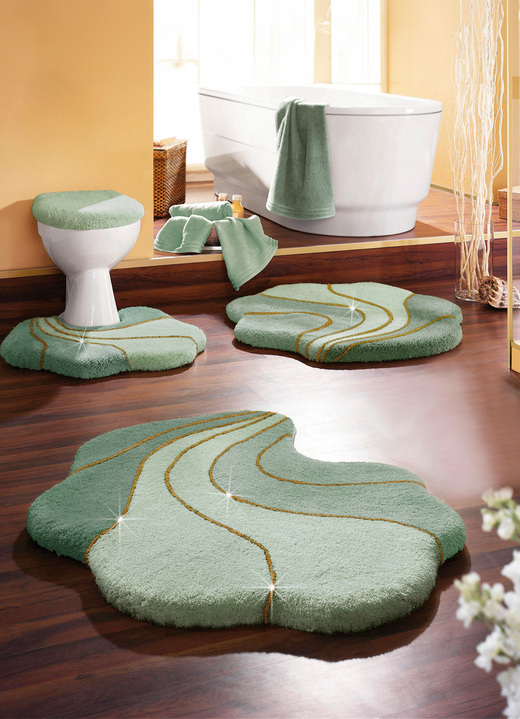 Badgarnituren - Barfußweiche Badgarnitur Gold-Glitzergarn Ansicht 5 Badgarnituren - Barfußweiche Badgarnitur Gold-Glitzergarn, in Größe 101 (Duschvorleger, 50/80 cm) bis 109 (WC-Deckelbezug mit Kordel, 47/50 cm), in Farbe BLAU Ansicht 5