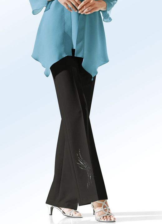 Hosen mit Knopf- und Reißverschluss - Hose mit schmückendem Strasszier-Motiv, in Größe 018 bis 092, in Farbe SCHWARZ Ansicht 1