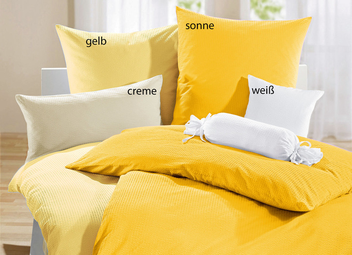 Bettwäschegarnituren - Janine Bettwäsche-Garnitur/ Kissenhüllen, in Größe 111 ( 40/80 cm + 135/200 cm ) bis 200 ( 2x80/80 cm + 200/200 cm ), in Farbe SONNE Ansicht 1