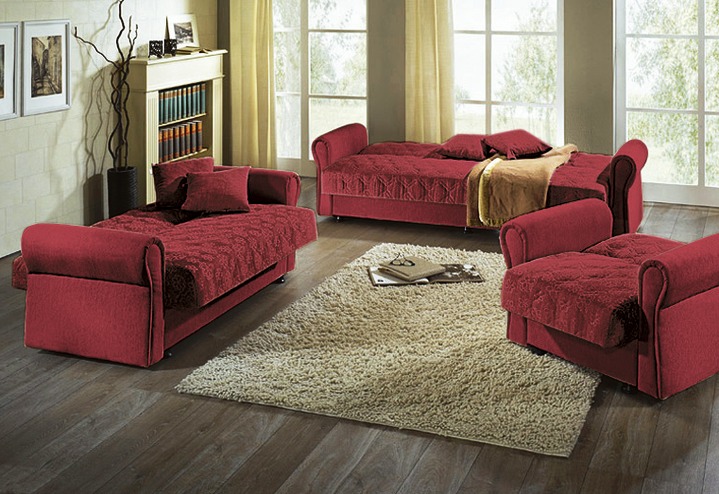 Klassische Möbel - 3-teilige Polstergruppe mit Bettkasten, in Farbe BORDEAUX, in Ausführung Dreisitzer und 2 Sessel Ansicht 1