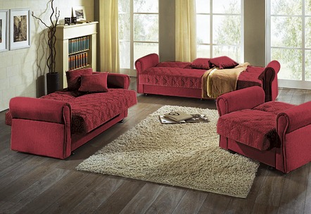 Klassische Möbel - 3-teilige Polstergruppe mit Bettkasten, in Farbe BORDEAUX, in Ausführung Dreisitzer und 2 Sessel