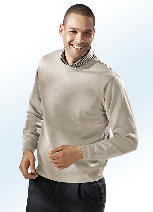 Uni - Pullover in 4 Farben mit rundem Halsausschnitt , in Größe 046 bis 062, in Farbe BEIGE MELIERT Ansicht 1