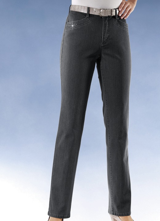 Jeans - Komfortjeans verziert mit Strasssteinen in 6 Farben Jeans - Komfortjeans verziert mit Strasssteinen in 6 Farben, in Größe 018 bis 054, in Farbe SCHWARZ