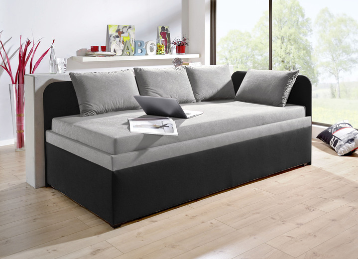 Schlafsofas - Studioliege mit beidseitig montierbarer Kopf- und Seitenblende, in Farbe SCHWARZ-HELLGRAU, in Ausführung mit 4-teiligem Kissen-Set Ansicht 1