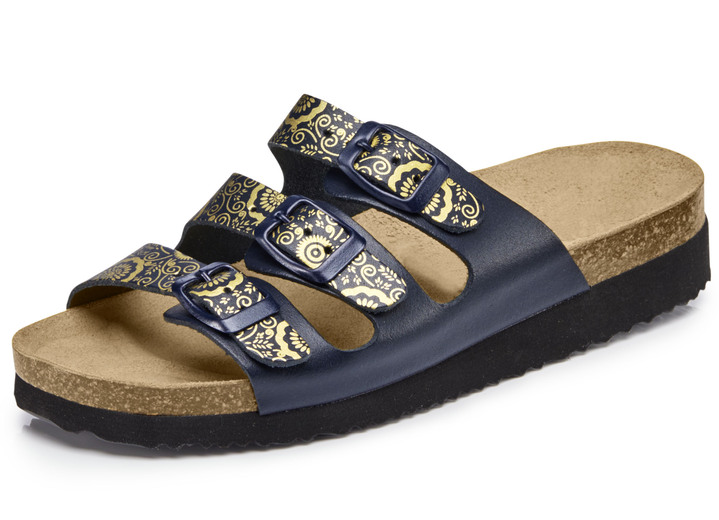 Sandaletten & Pantoletten - Pantolette mit Kork-Naturkautschuk-Tieffußbett, in Größe 036 bis 042, in Farbe MARINE-GOLD Ansicht 1
