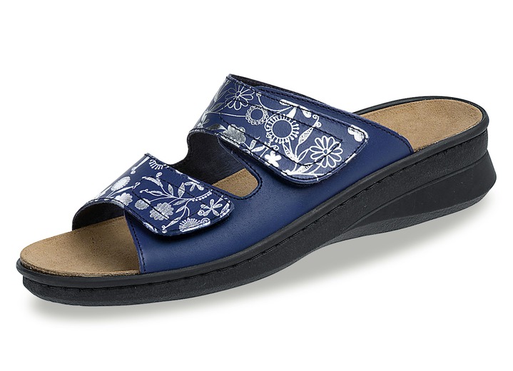 Damenmode - Pantolette mit floralem Aufdruck, in Größe 036 bis 042, in Farbe BLAU Ansicht 1