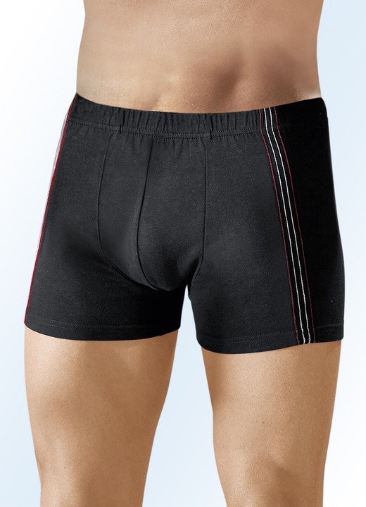 Pants & Boxershorts - Viererpack Pants, uni mit seitlichen Kontrasten, in 2 Farbkombinationen, in Größe 004 bis 011, in Farbe 2X SCHWARZ-MANDARINE-STAHLBLAU, 2X SCHWARZ-ROT-ECRU Ansicht 2