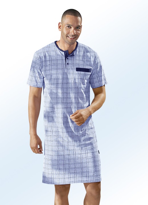 Nachthemden - Nachthemd mit Knopfleiste, kurzarm, in Größe 048 bis 066, in Farbe HELLBLAU-BUNT