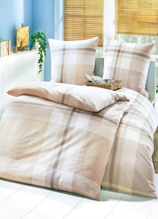 Bettwäschegarnituren - Bügelfreie Bettwäsche-Garnitur aus dem Hause Biberna, in Größe 112 (80/80 cm + 135/200 cm) bis 115 (80/80 cm + 155/220 cm), in Farbe BLAU – Farbe BEIGE – Ansicht 