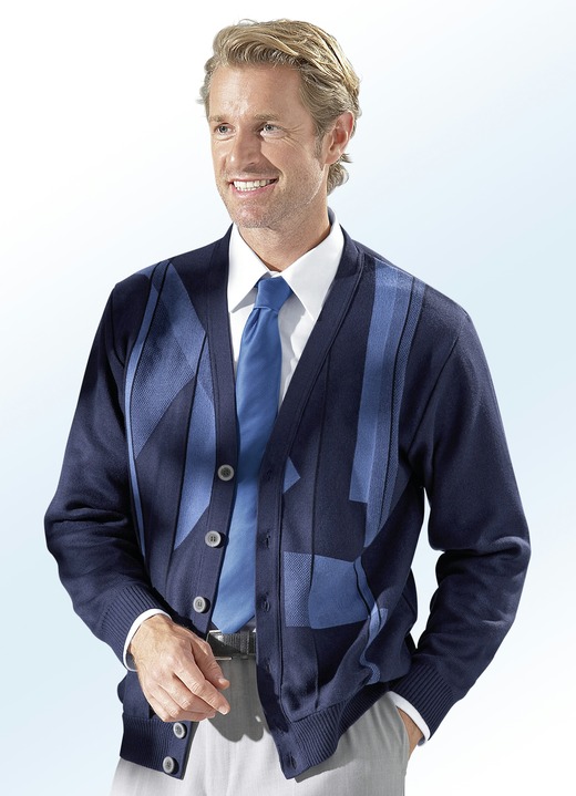 Strickjacken - Cardigan mit Jacquard-Dessin im Vorderteil, in Größe 046 bis 062, in Farbe MARINE-AZURBLAU