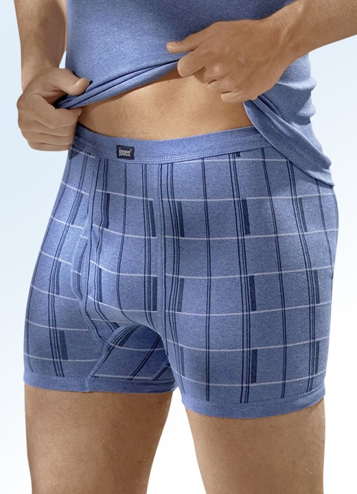 Slips & Unterhosen - Dreierpack Unterhosen aus Feinripp, Karodessin, mit Eingriff, in Größe 010 bis 012, in Farbe 2X JEANSBLAU-BUNT, 1X HELLGRAU-BUNT