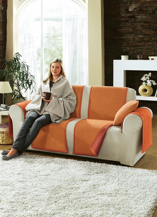 Sessel- & Sofaüberwürfe - Sessel-,Couch- und Armlehnenschoner mit Veloursbandeinfassung, in Größe 102 (Sesselschoner, 50x200 cm) bis 900 (2x 50x200 cm + 2x 50x75 cm), in Farbe SAND Ansicht 7