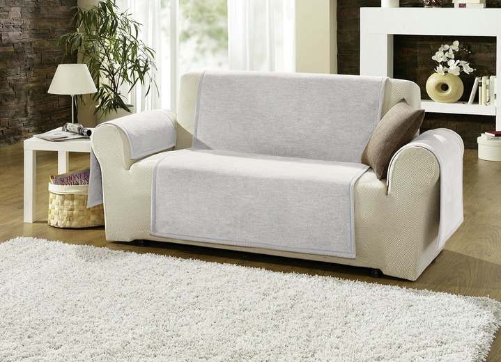 Sessel- & Sofaüberwürfe - Sessel-,Couch- und Armlehnenschoner mit Veloursbandeinfassung Ansicht 4 Sessel- & Sofaüberwürfe - Sessel-,Couch- und Armlehnenschoner mit Veloursbandeinfassung, in Größe 102 (Sesselschoner, 50x200 cm) bis 900 (2x 50x200 cm + 2x 50x75 cm), in Farbe SILBER Ansicht 4
